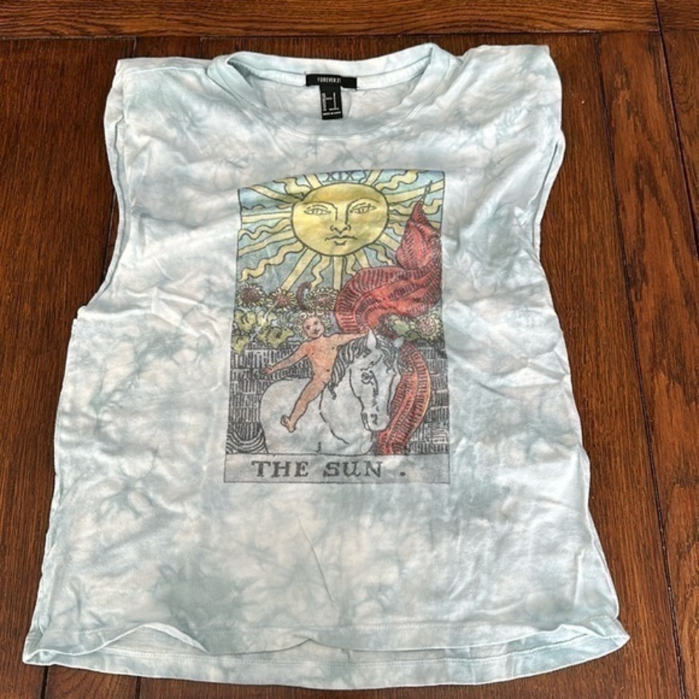 Women’s Forever 21 tie-dye, sleeveless graphic design T-shirt size S - Picture 1 of 6